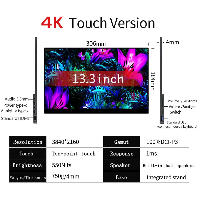 OLED 4K Portable Touchscreen Monitor 60Hz 15.6 Inch