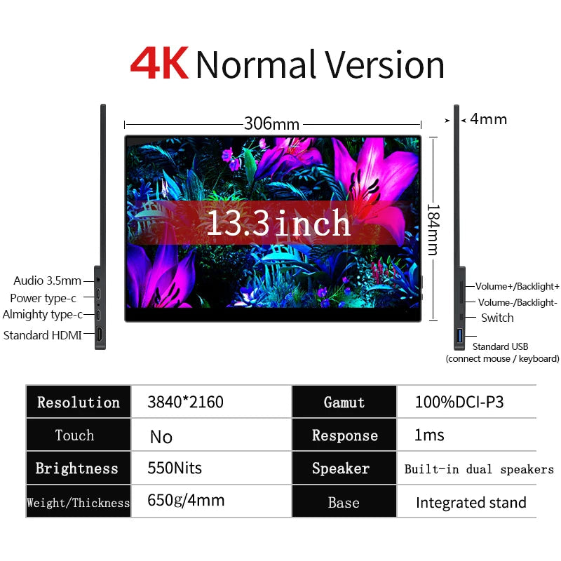 OLED 4K Portable Touchscreen Monitor 60Hz 15.6 Inch