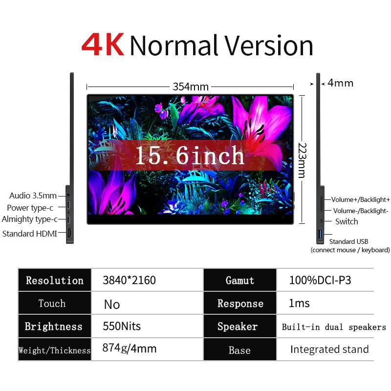 OLED 4K Portable Touchscreen Monitor 60Hz 15.6 Inch